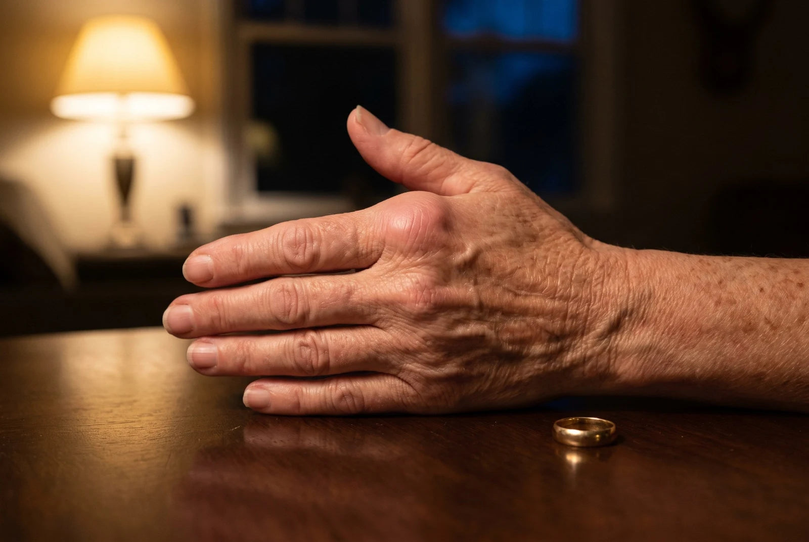 A hand resting on a table under evening lamplight, the base of the thumb swollen, a wedding ring taken off beside it
