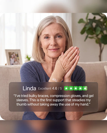 Linda, a customer, wearing the Thumb Stabilizer at home