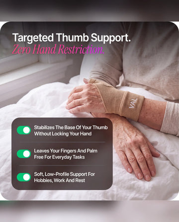 The support stabilizes the base of the thumb and leaves the fingers free