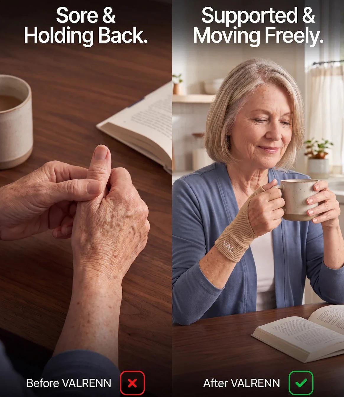 Before and after wearing the Thumb Stabilizer, sore hands compared to a woman holding a mug with her hand supported