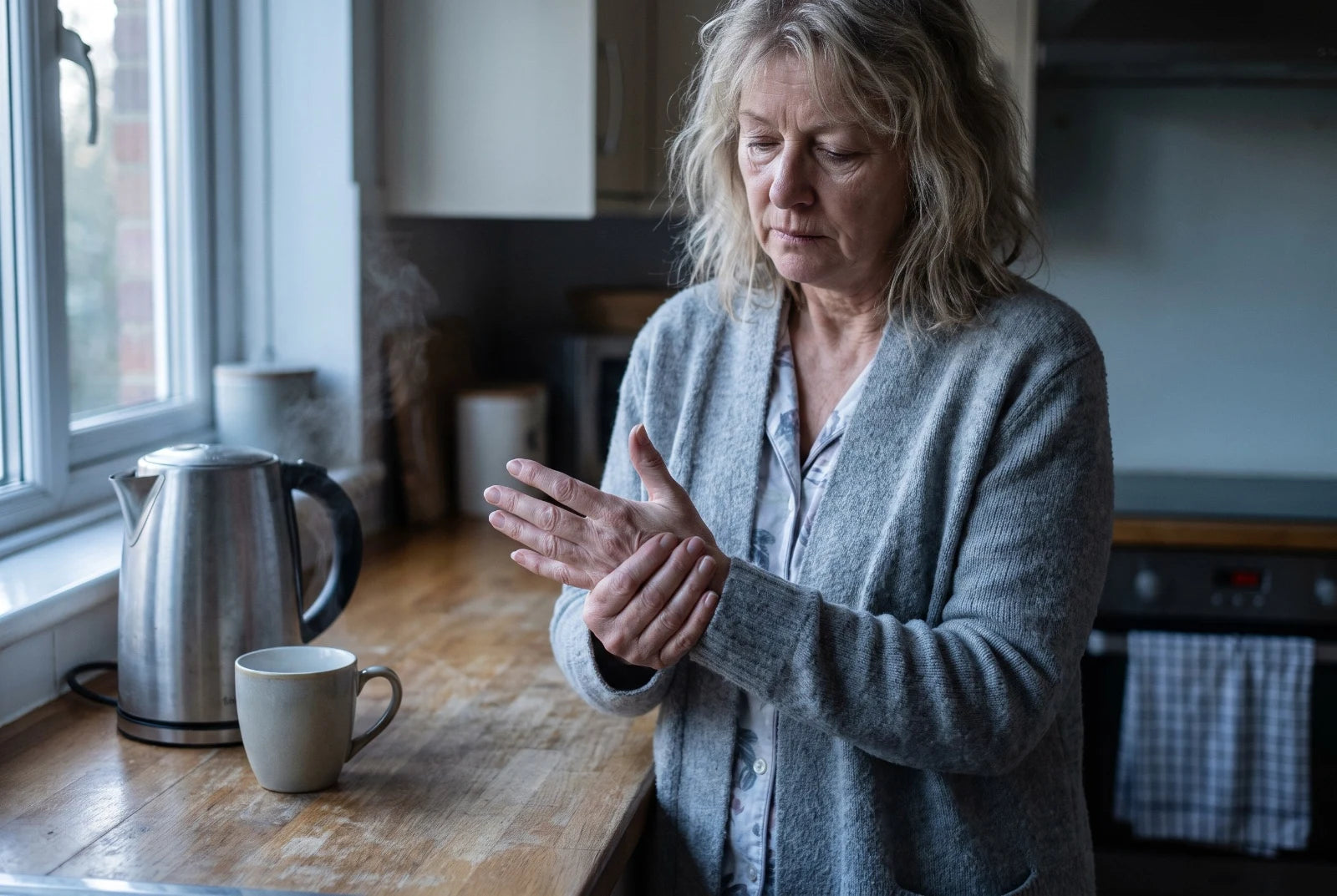 A woman working the base of her thumb at the kitchen counter in early morning light